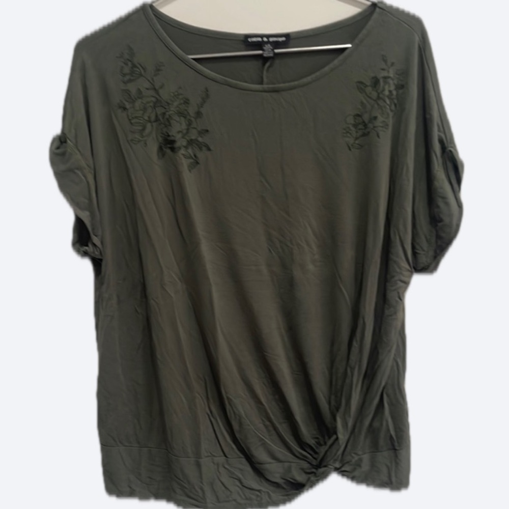 Cable & Gauge Green Embroidered Top Knotted Front Viscose Stretch Large L